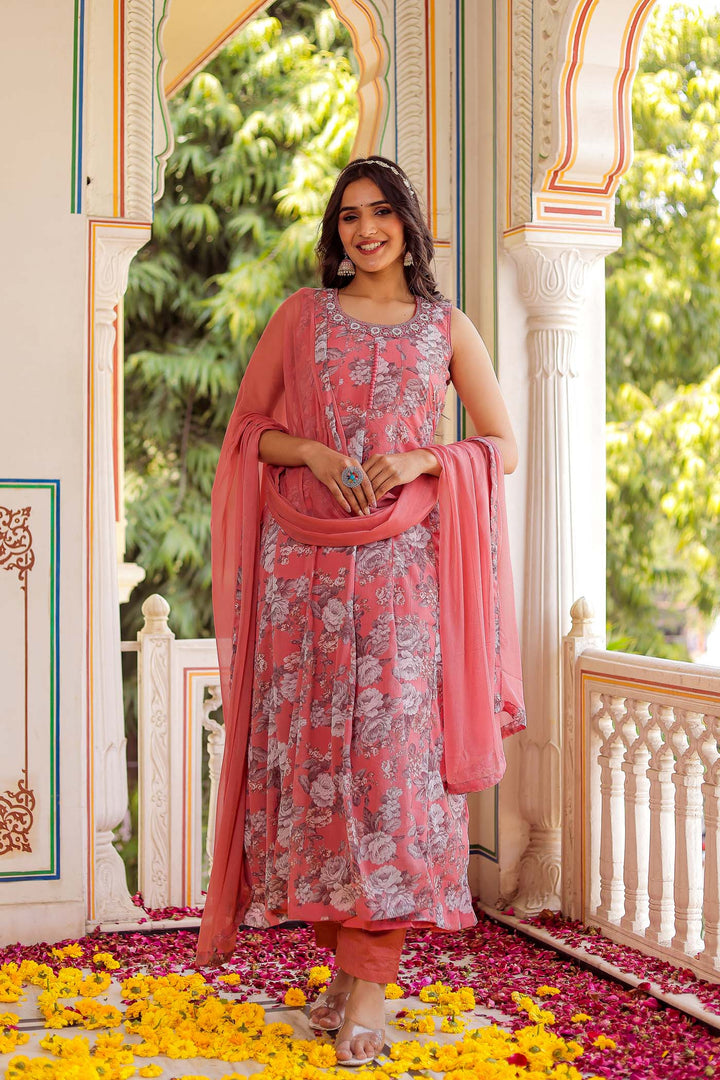 Peach Chiffon Floral Print Kali Suit