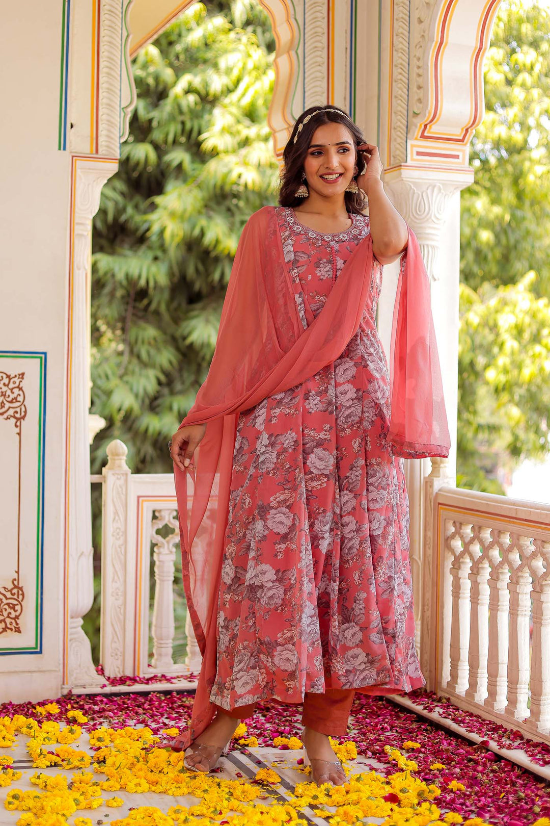 Peach Chiffon Floral Print Kali Suit