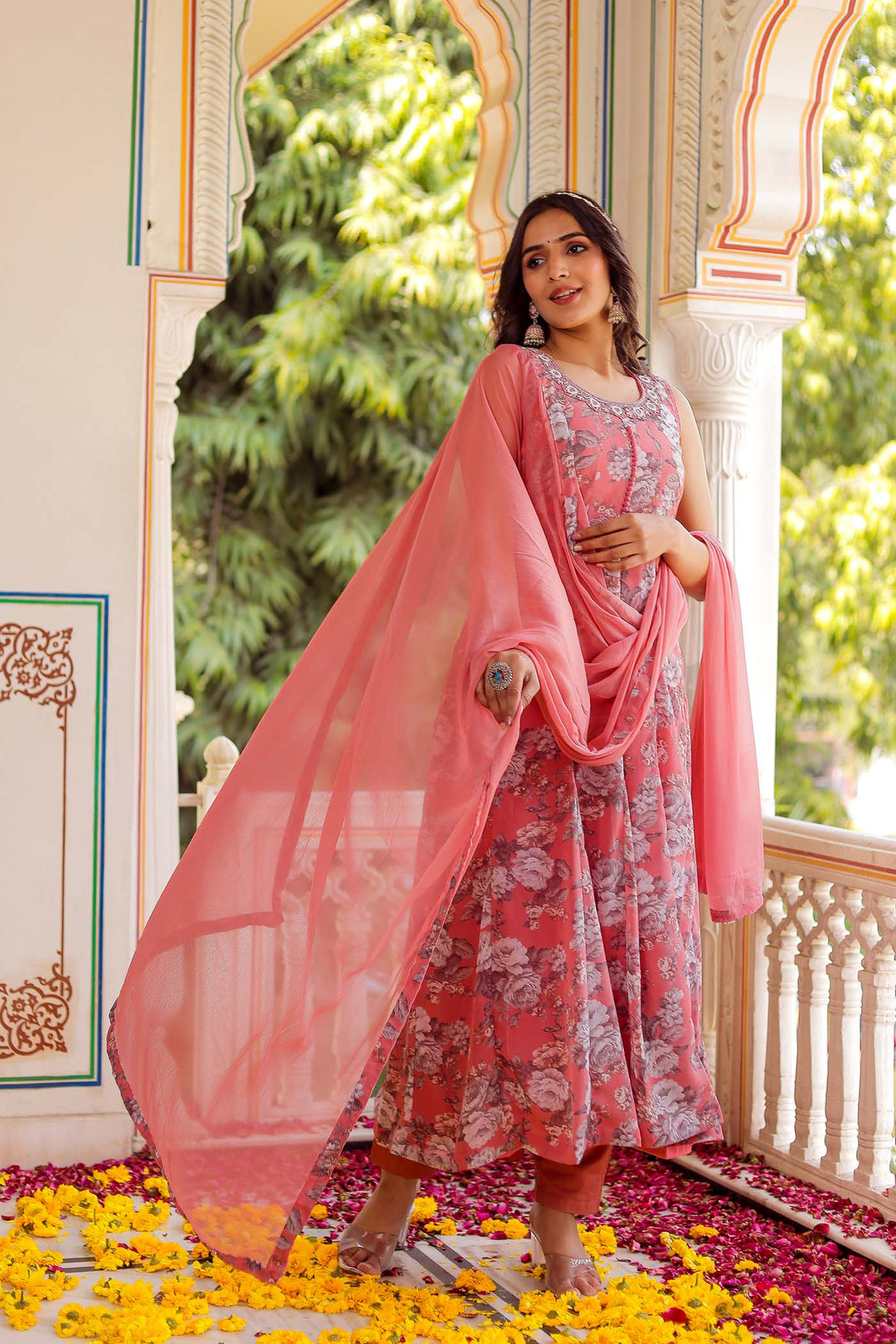 Peach Chiffon Floral Print Kali Suit