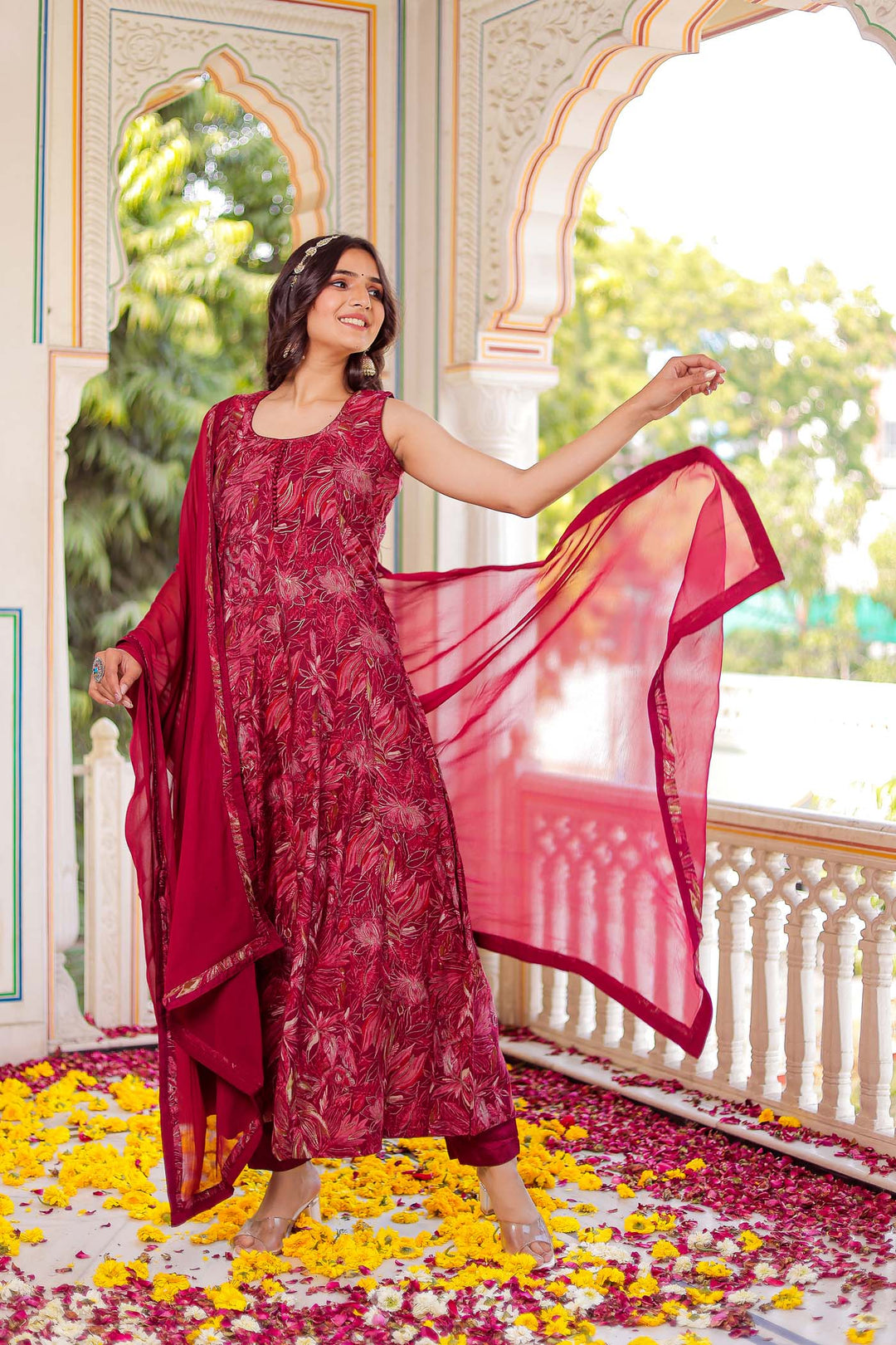 Pink Silk Floral Print Kali Suit.