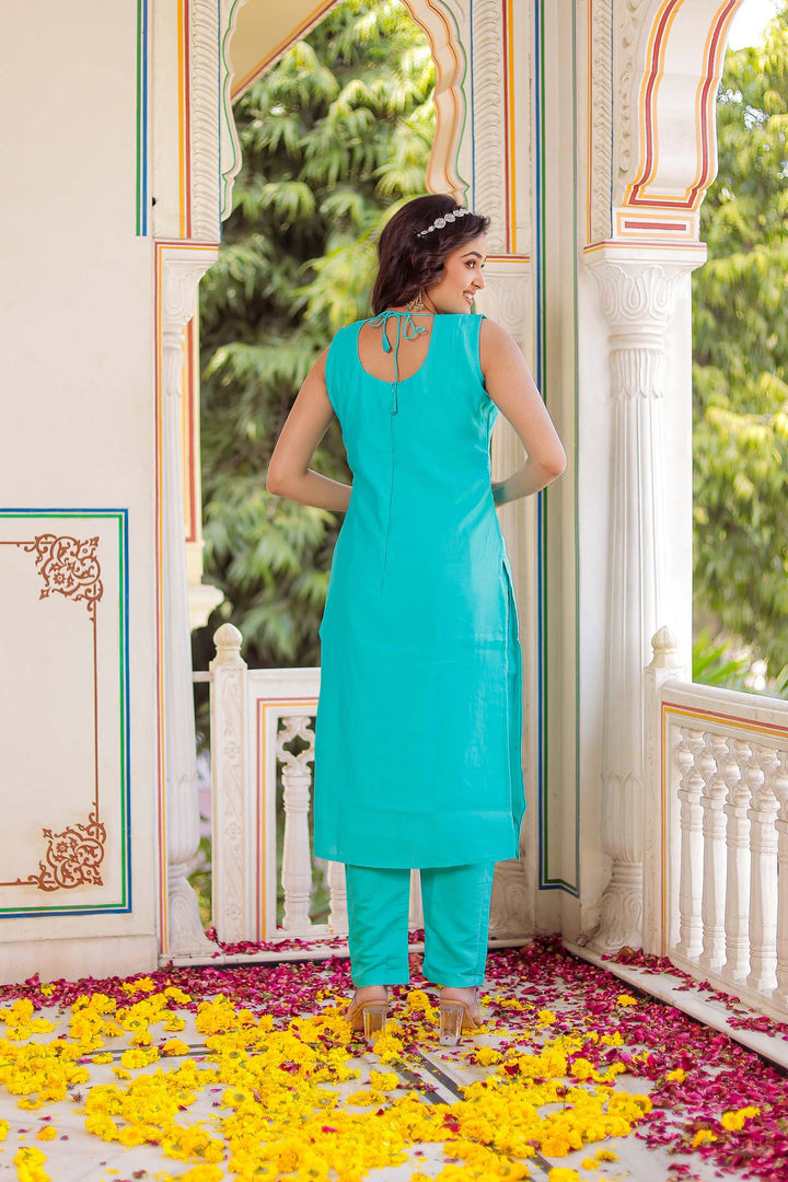 Turquoise Blue Silk Straight Cut Suit.