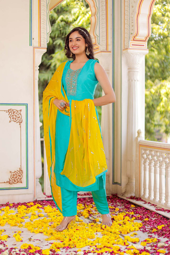 Turquoise Blue Silk Straight Cut Suit.