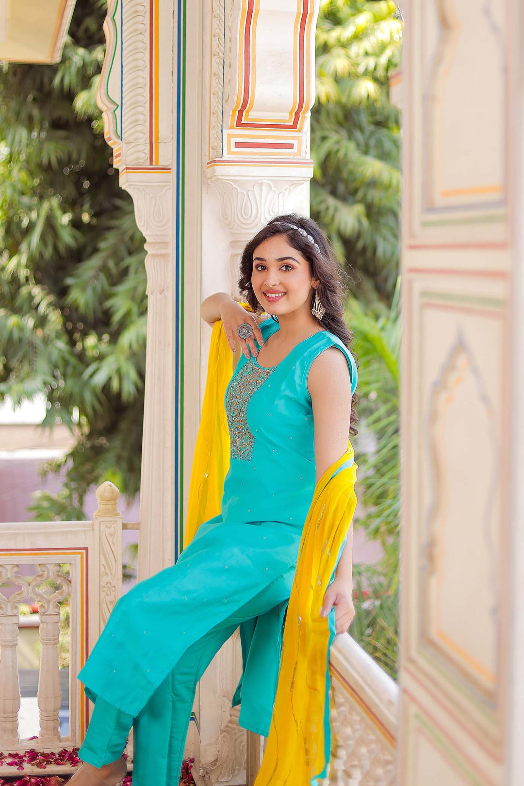 Turquoise Blue Silk Straight Cut Suit.