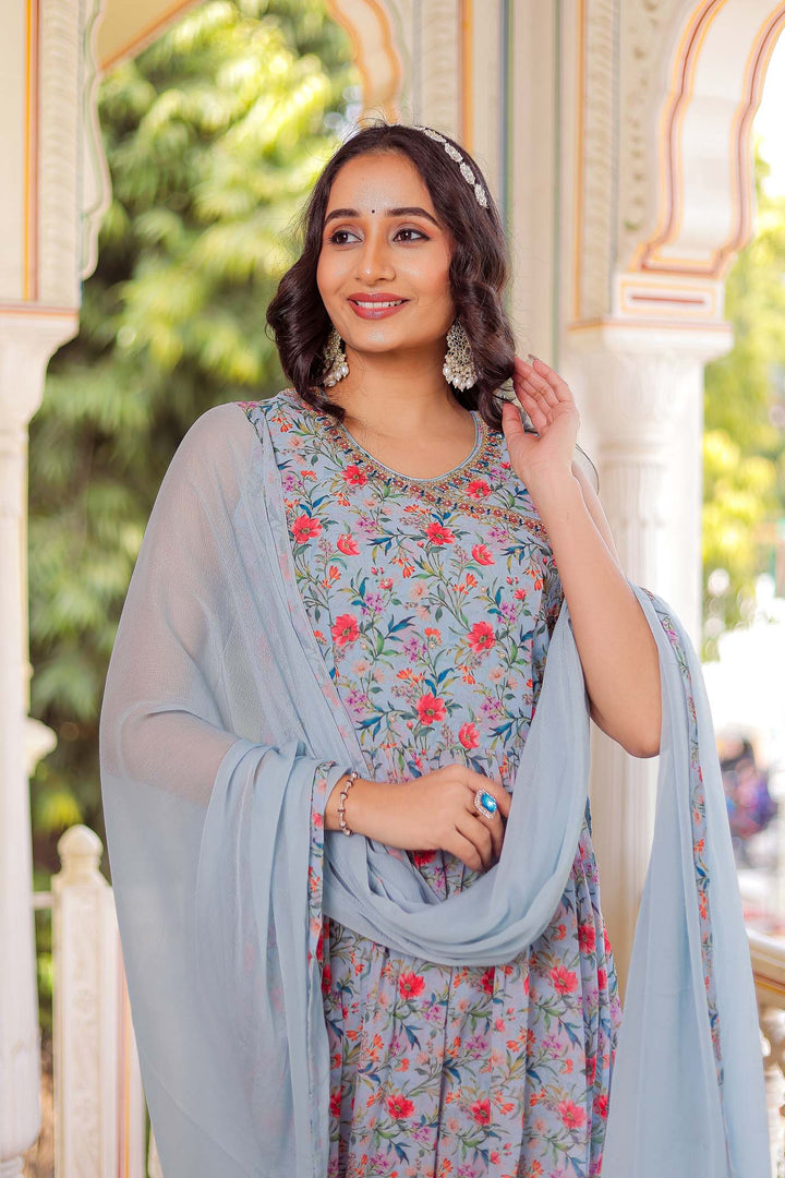 Grey Floral Print Naira Cut Kali Suit.