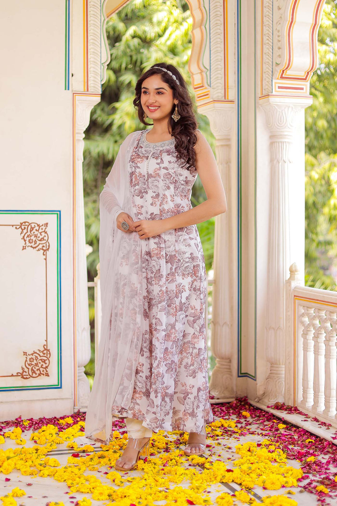 Off White Chiffon Floral Print Kali Suit