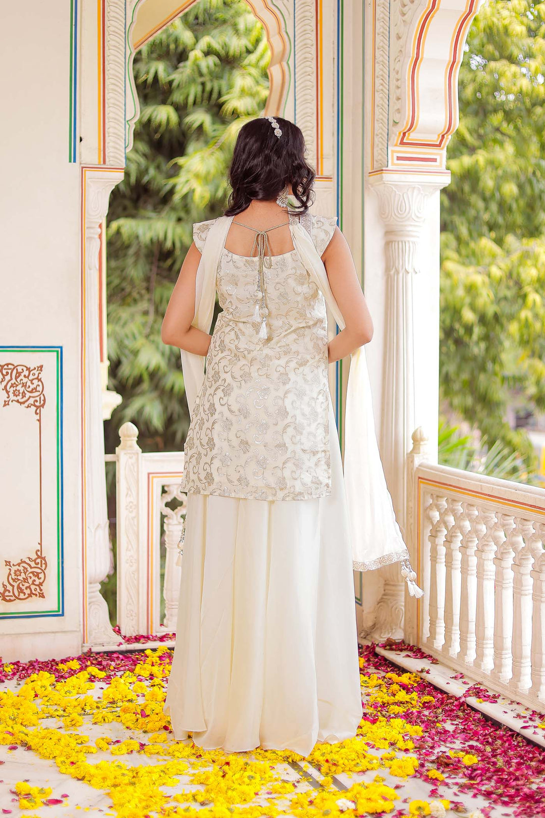 Cream Jacquard Silk Palazzo Suit