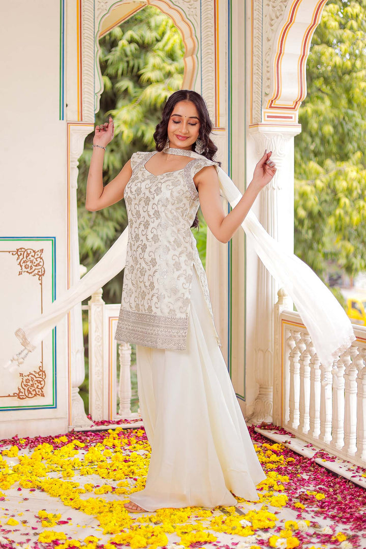 Cream Jacquard Silk Palazzo Suit