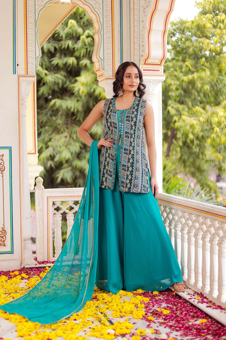 Blue Indo-Western Chinon Silk Palazzo Suit