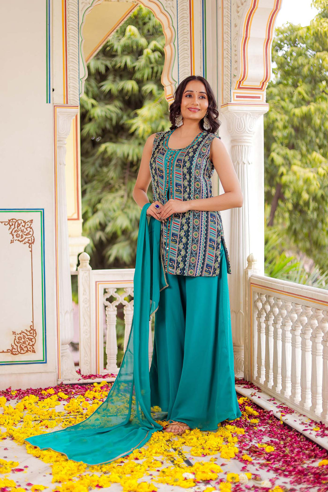 Blue Indo-Western Chinon Silk Palazzo Suit