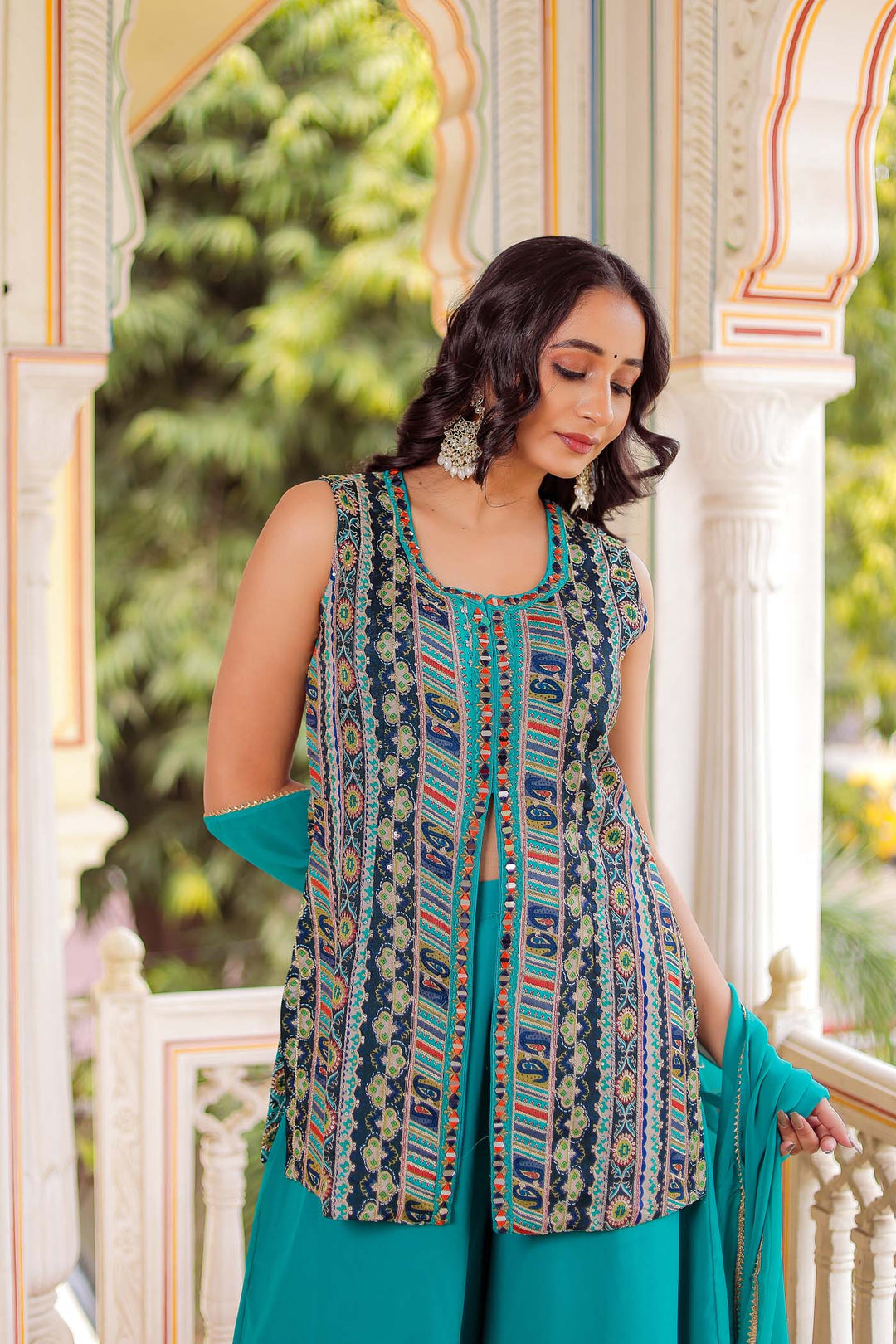 Blue Indo-Western Chinon Silk Palazzo Suit