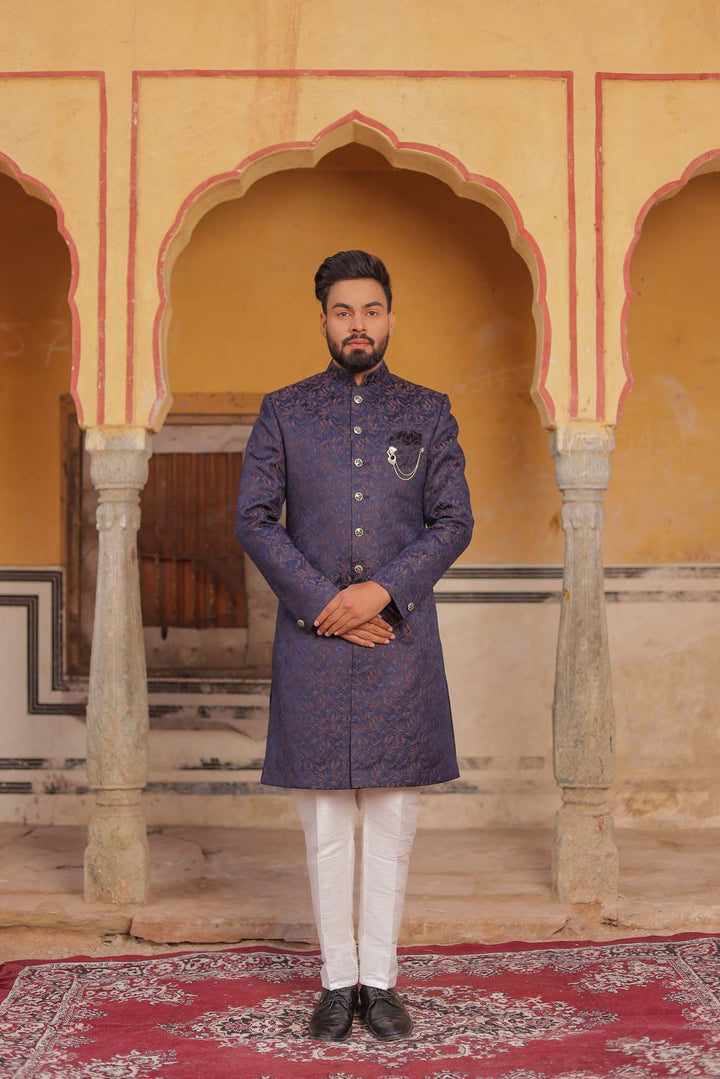 Navy Blue Brocade Silk Floral Print Indo-Western Suit