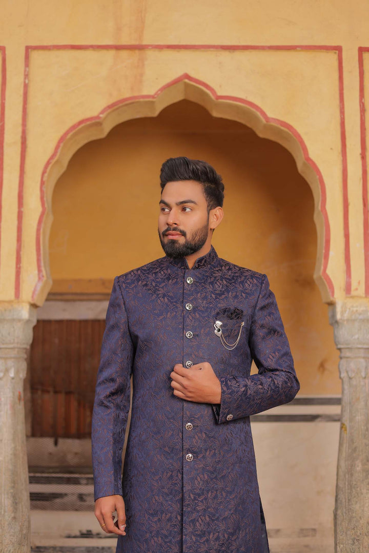 Navy Blue Brocade Silk Floral Print Indo-Western Suit