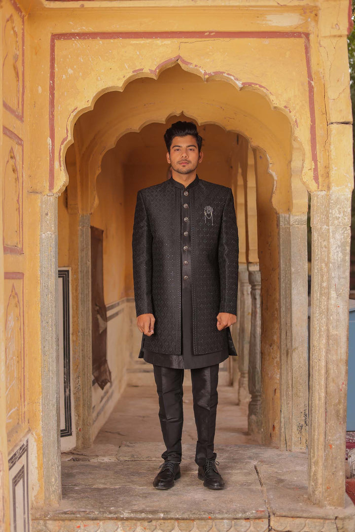 Black Raw Silk Embroidered Jacket Style Indo-wester Suit.