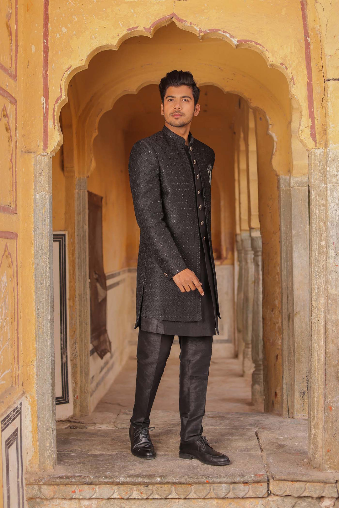 Black Raw Silk Embroidered Jacket Style Indo-wester Suit.