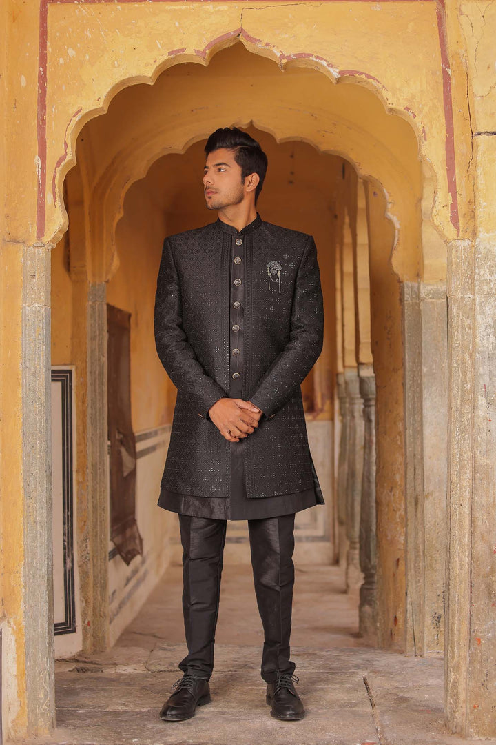 Black Raw Silk Embroidered Jacket Style Indo-wester Suit.