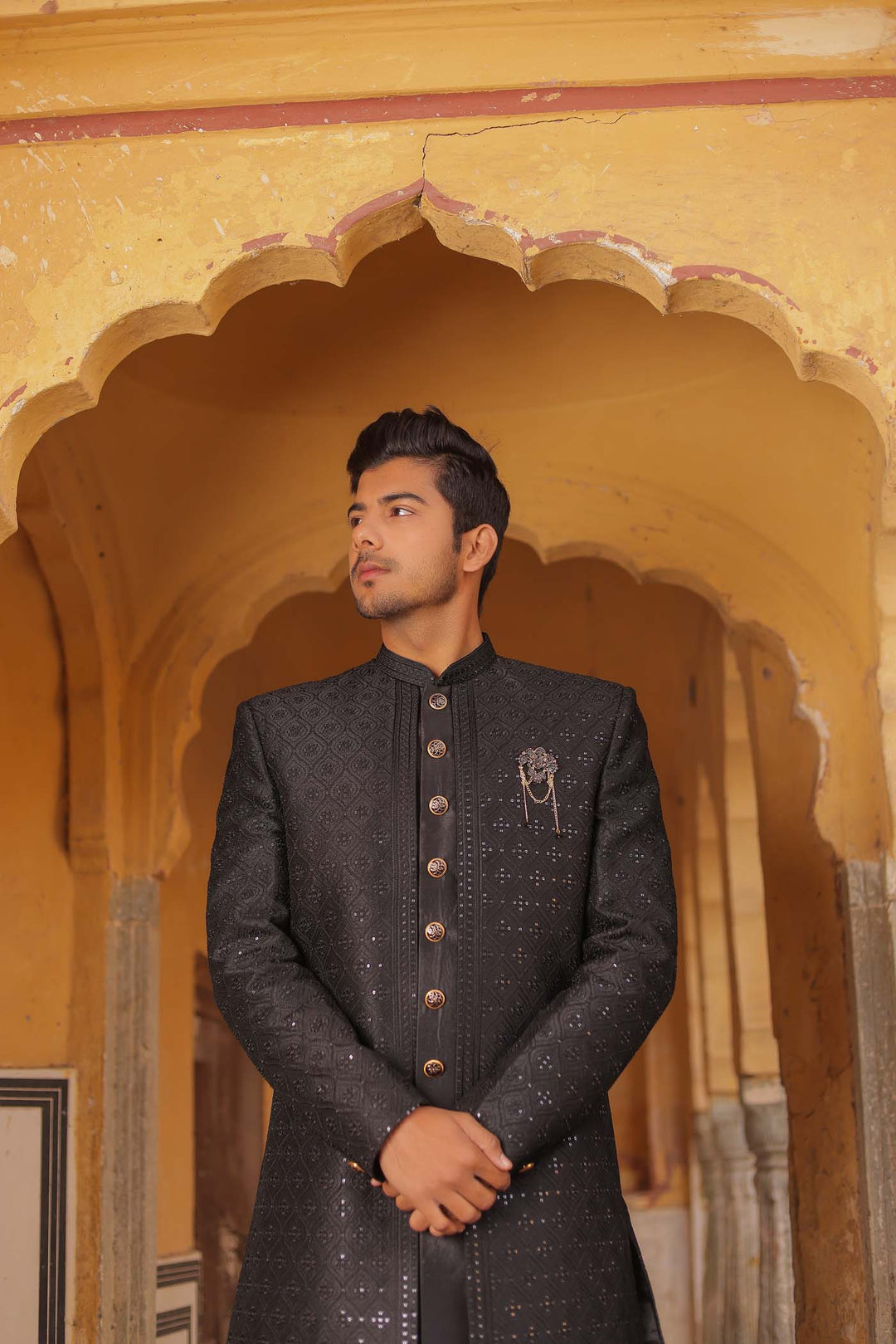 Black Raw Silk Embroidered Jacket Style Indo-wester Suit.