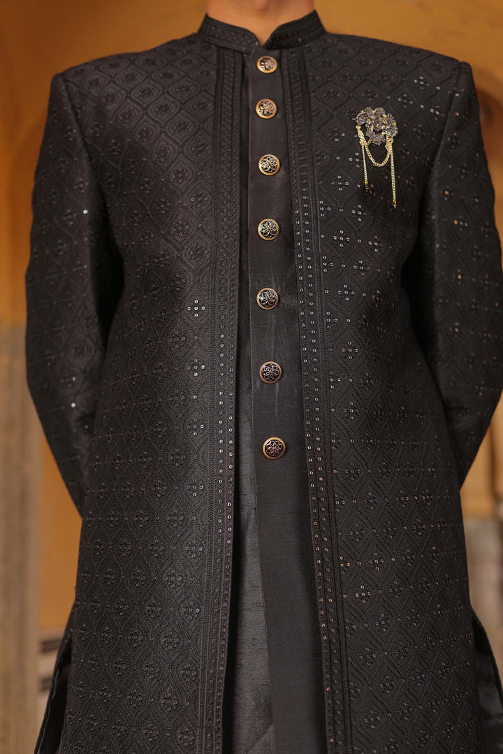 Black Raw Silk Embroidered Jacket Style Indo-wester Suit.