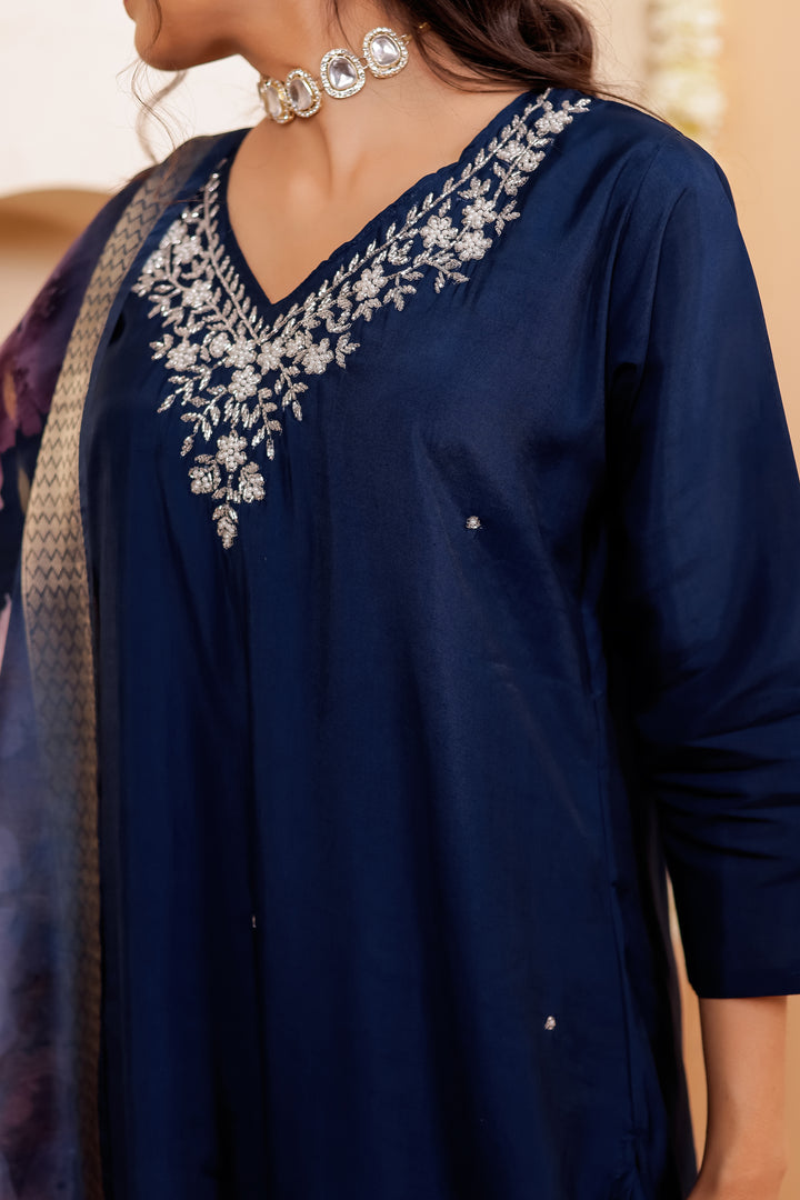 Midnight Blue Soft Silk Straight Cut Kurta Set