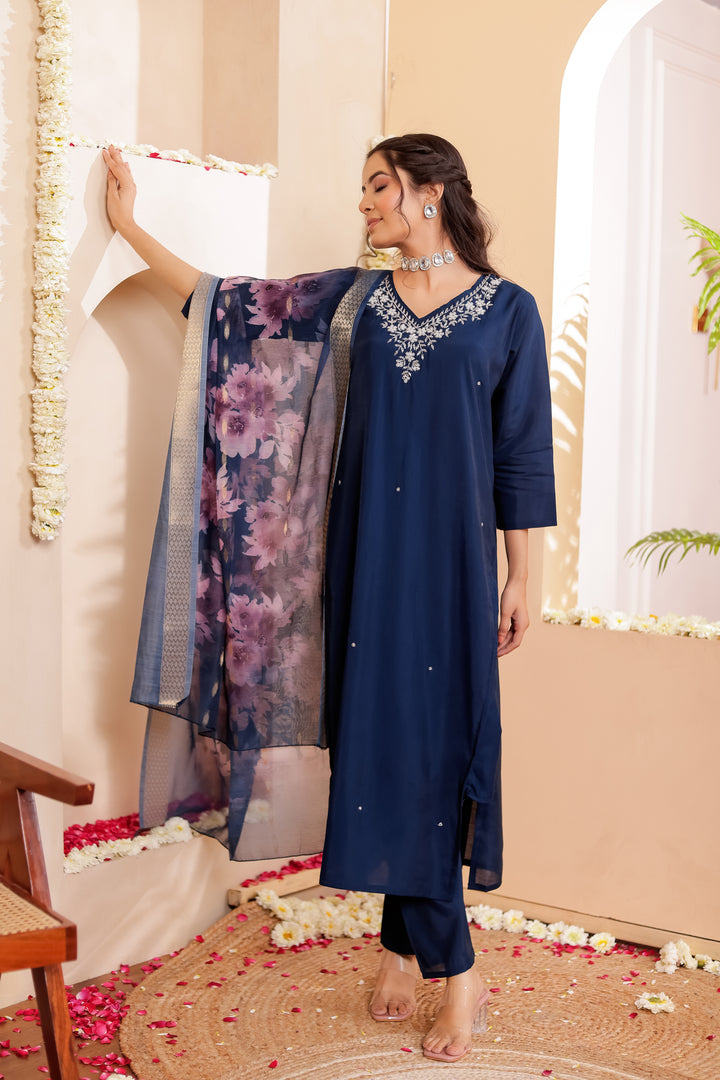 Midnight Blue Soft Silk Straight Cut Kurta Set