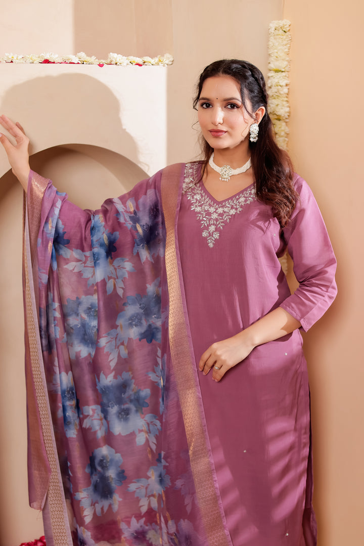 Dusty Pink Soft Silk Straight Cut Kurta Set