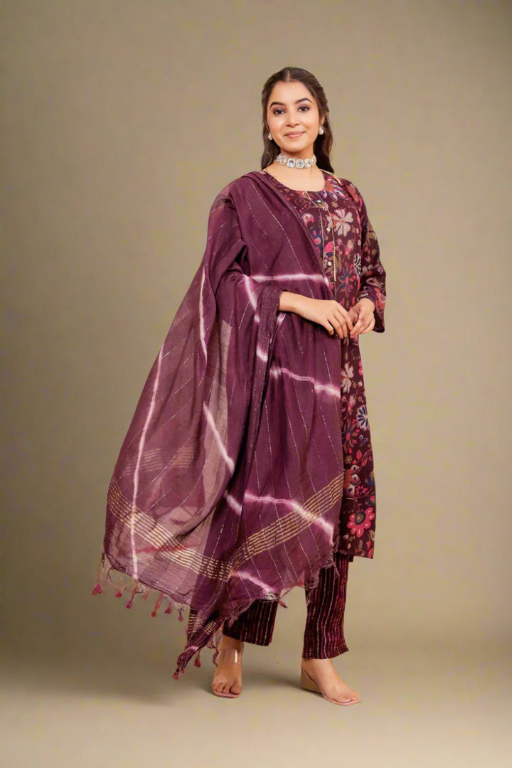 Purple Floral Print Straight Cut Rayon Kurta Set.