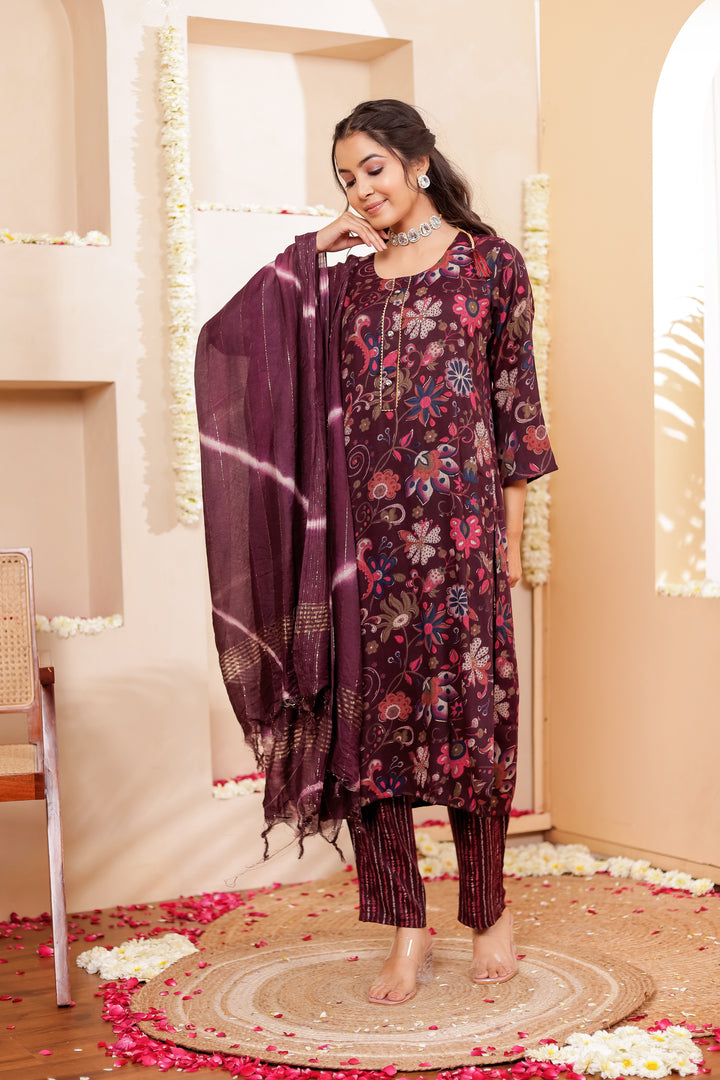 Purple Floral Print Straight Cut Rayon Kurta Set.