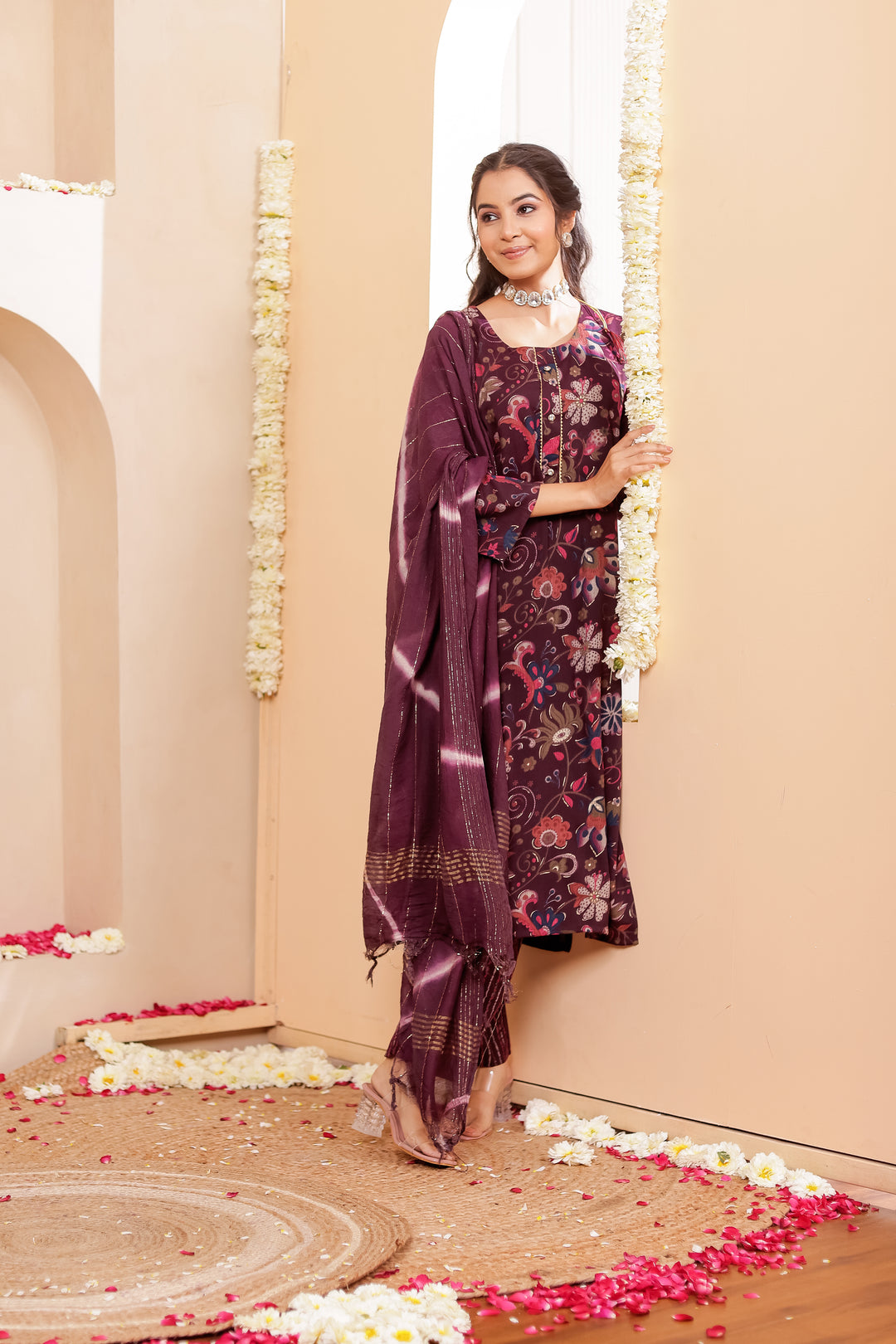 Purple Floral Print Straight Cut Rayon Kurta Set.