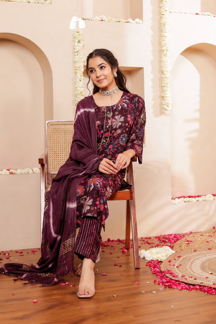 Purple Floral Print Straight Cut Rayon Kurta Set.