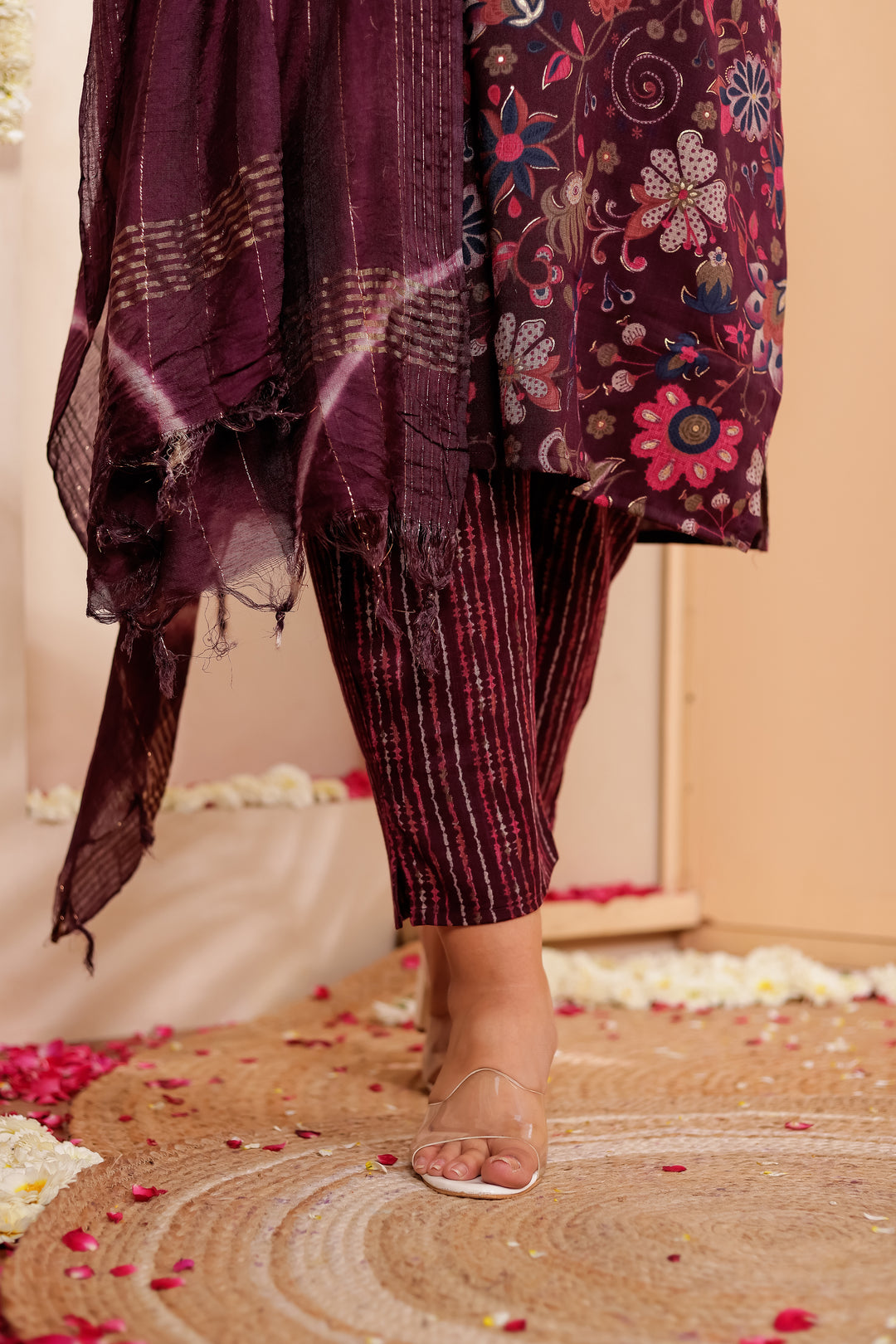 Purple Floral Print Straight Cut Rayon Kurta Set.
