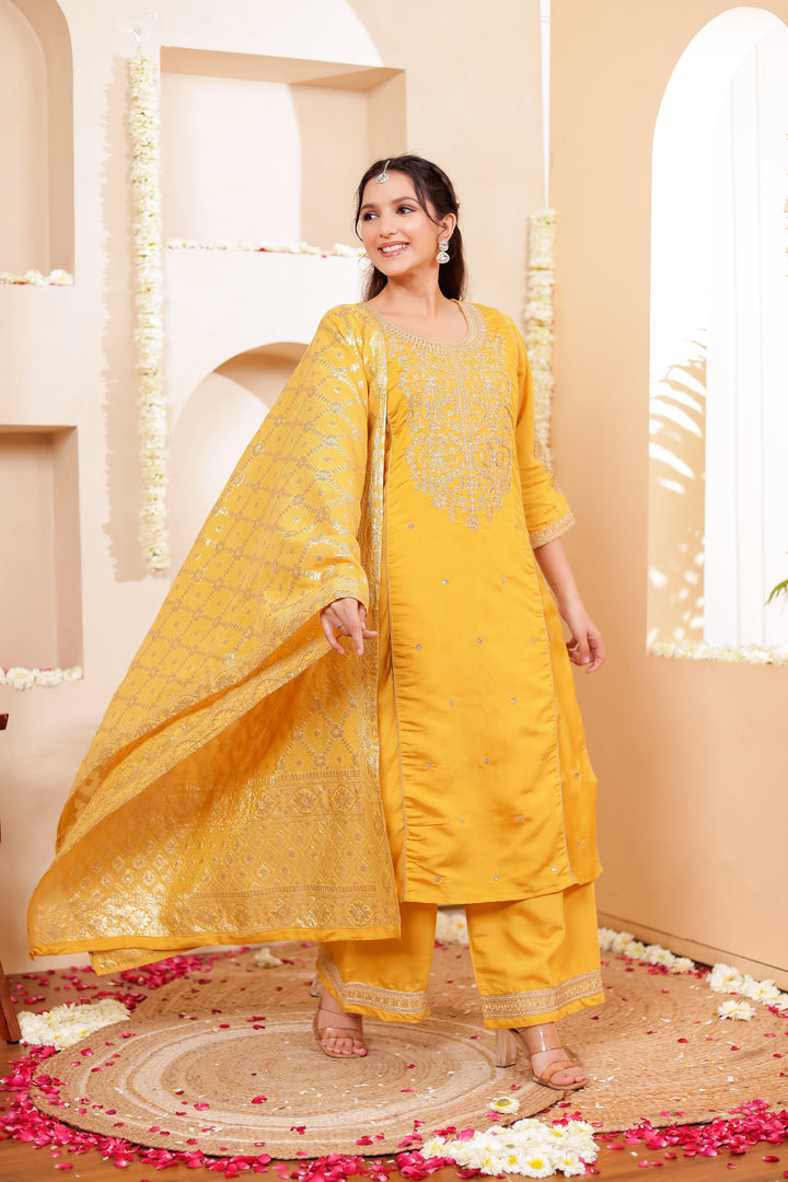Mustard Soft Silk Straight Cut Kurta Set