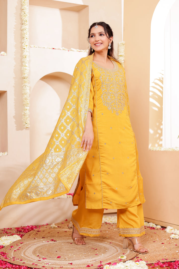Mustard Soft Silk Straight Cut Kurta Set