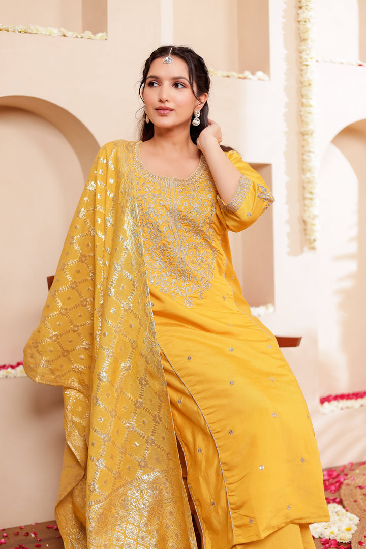 Mustard Soft Silk Straight Cut Kurta Set