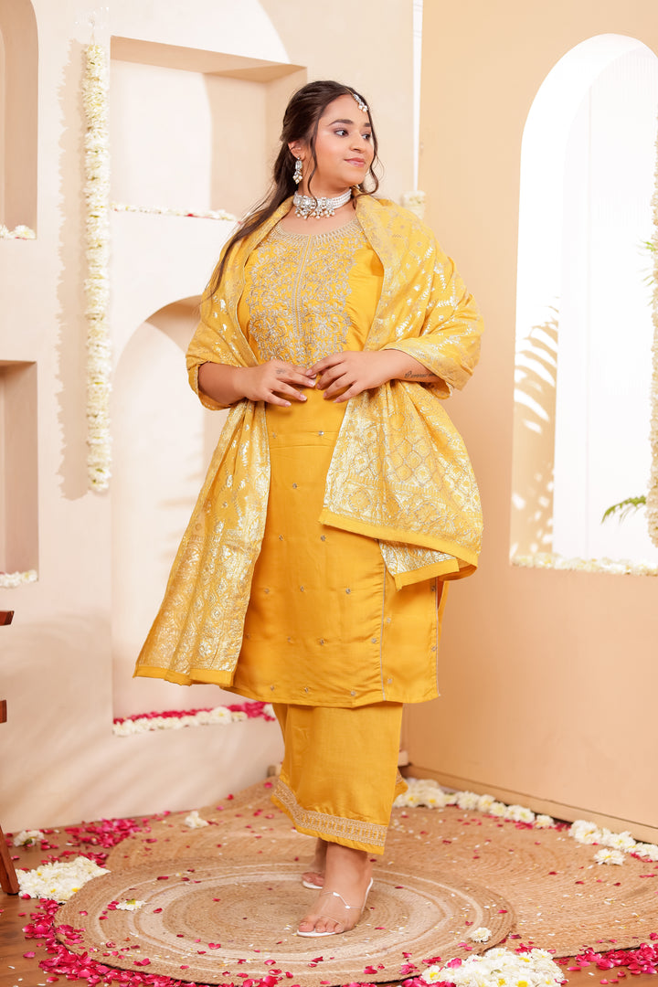 Mustard Soft Silk Straight Cut Kurta Set