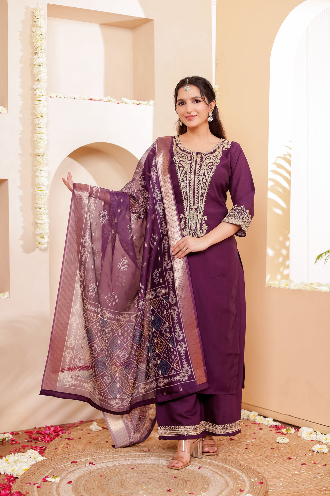 Purple Soft Silk Straight Cut Kurta Set with Print Dupatta