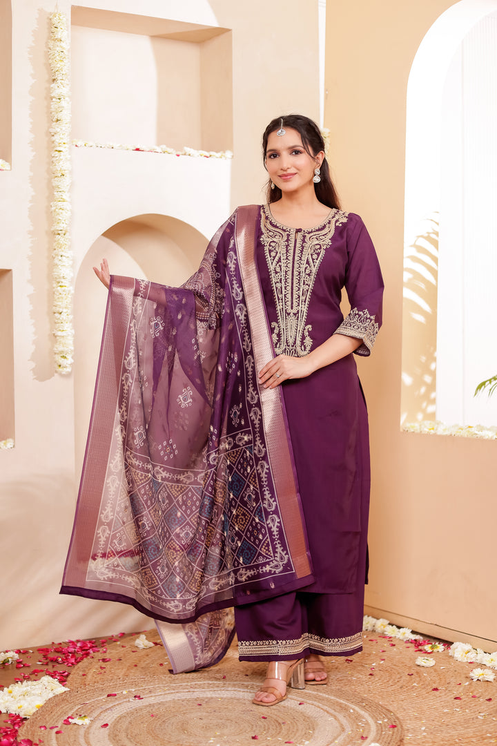 Purple Soft Silk Straight Cut Kurta Set with Print Dupatta