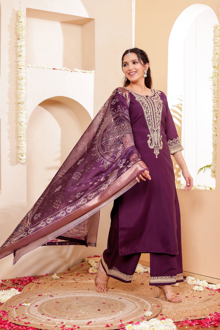 Purple Soft Silk Straight Cut Kurta Set with Print Dupatta