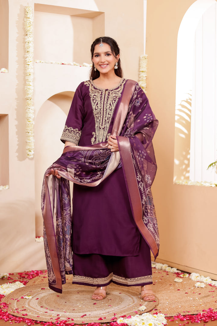 Purple Soft Silk Straight Cut Kurta Set with Print Dupatta