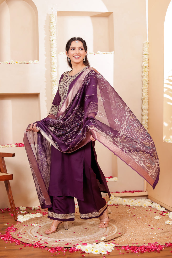Purple Soft Silk Straight Cut Kurta Set with Print Dupatta