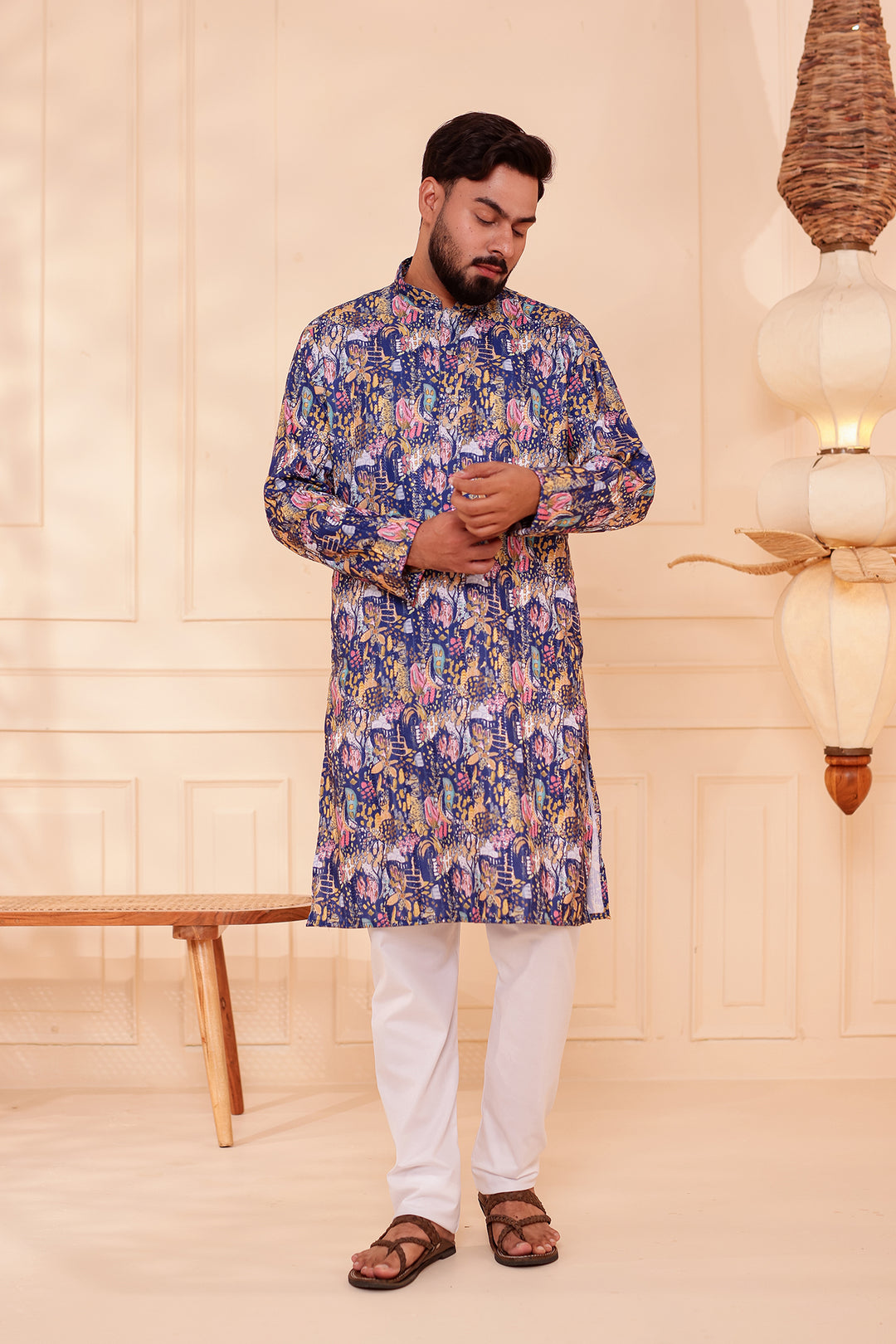 Navy Blue Digital Print Soft Silk Kurta Suit with Self Sequin Work.