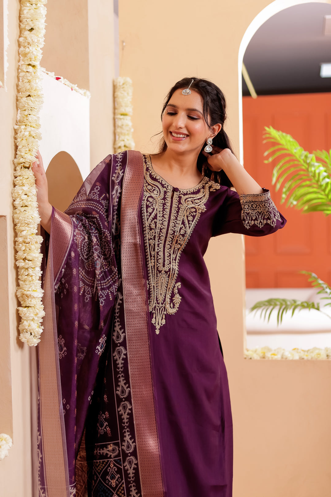 Purple Soft Silk Straight Cut Kurta Set with Print Dupatta