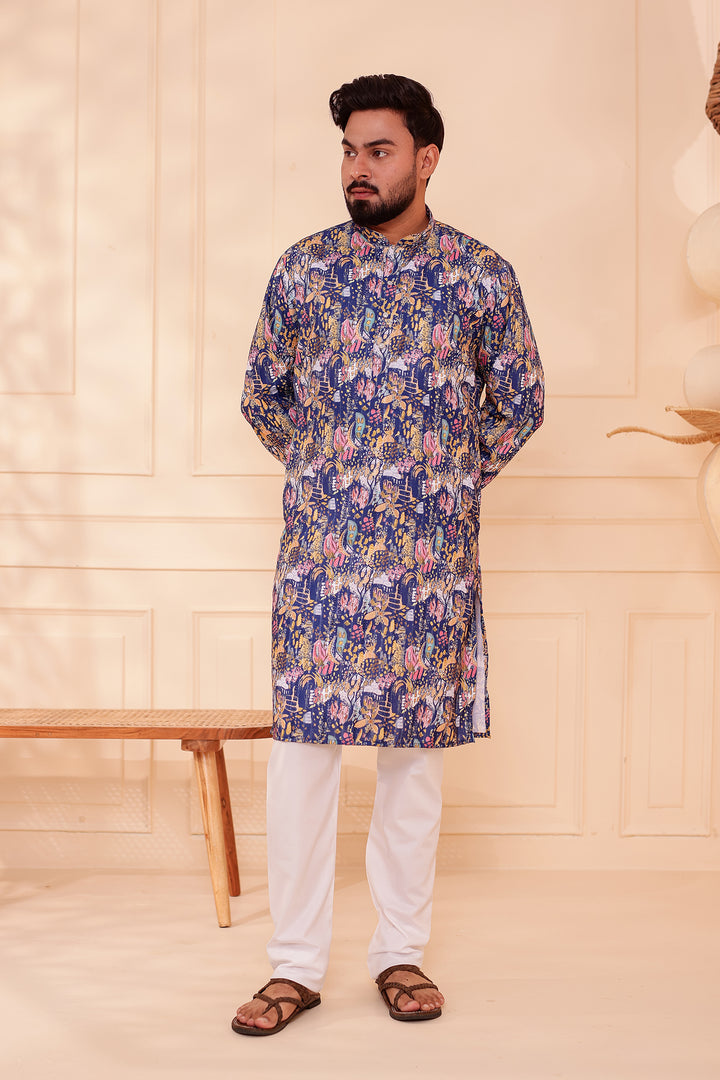 Navy Blue Digital Print Soft Silk Kurta Suit with Self Sequin Work.
