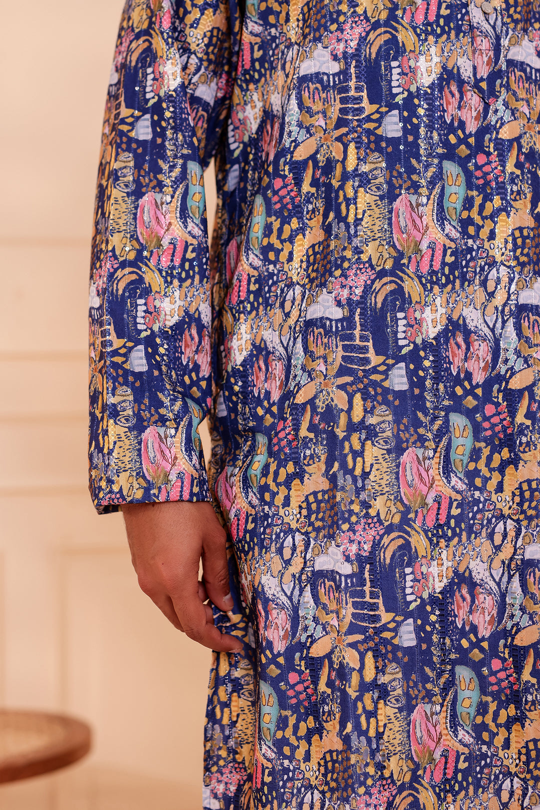 Navy Blue Digital Print Soft Silk Kurta Suit with Self Sequin Work.