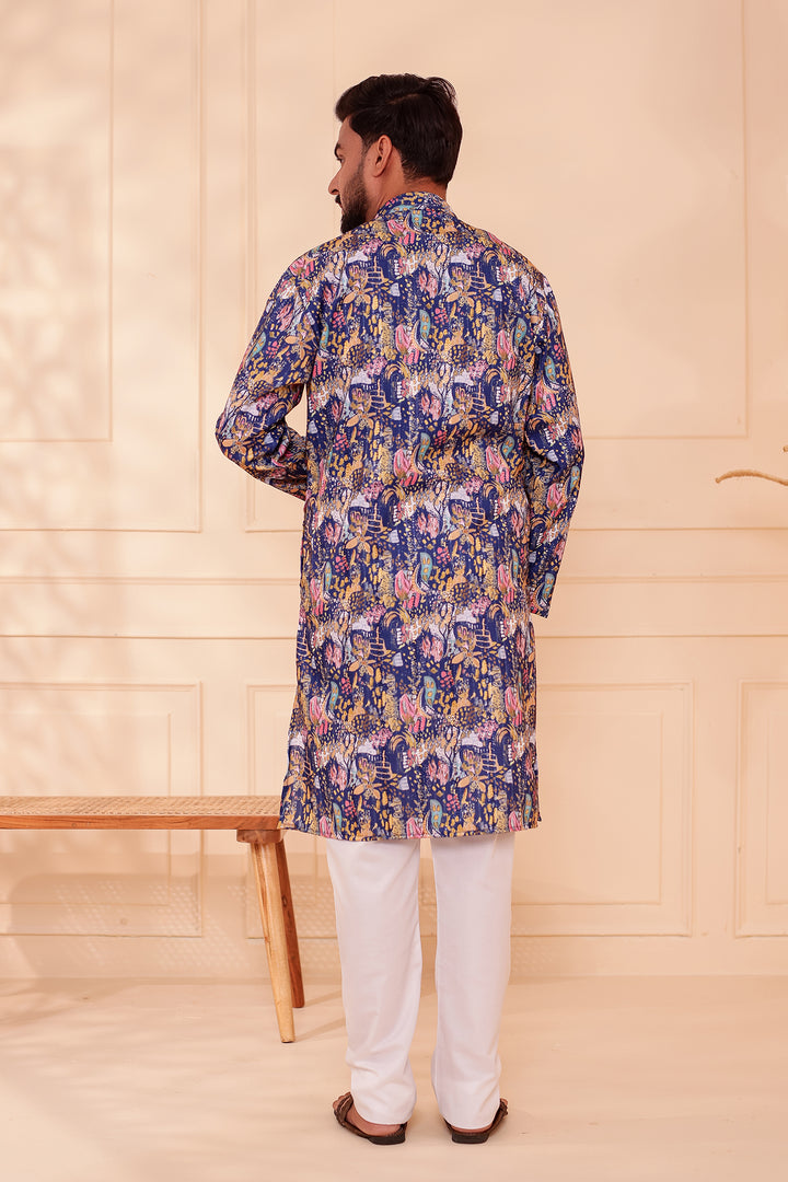 Navy Blue Digital Print Soft Silk Kurta Suit with Self Sequin Work.