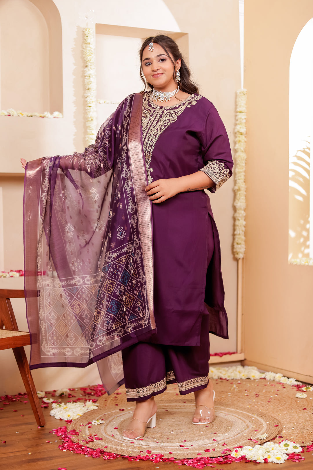 Purple Soft Silk Straight Cut Kurta Set with Print Dupatta