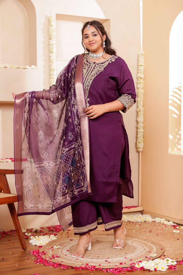Purple Soft Silk Straight Cut Kurta Set with Print Dupatta
