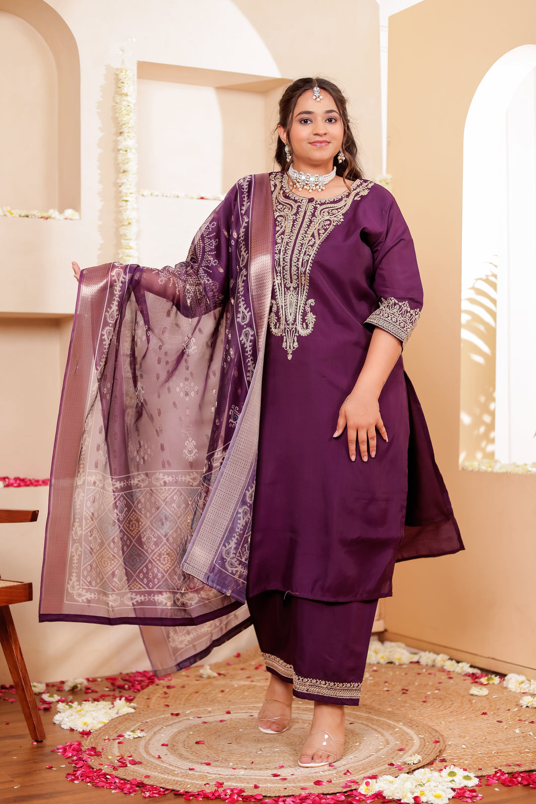 Purple Soft Silk Straight Cut Kurta Set with Print Dupatta