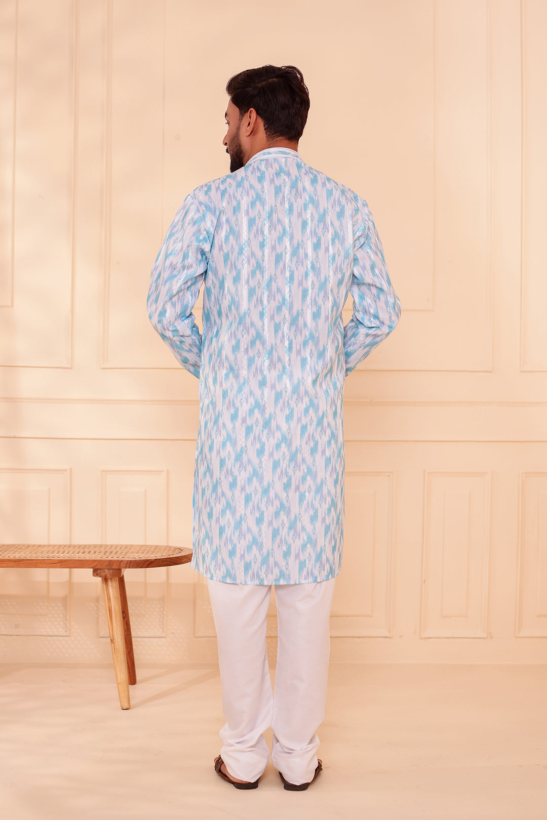 Light Blue Soft Silk Ikat Print Kurta Suit.
