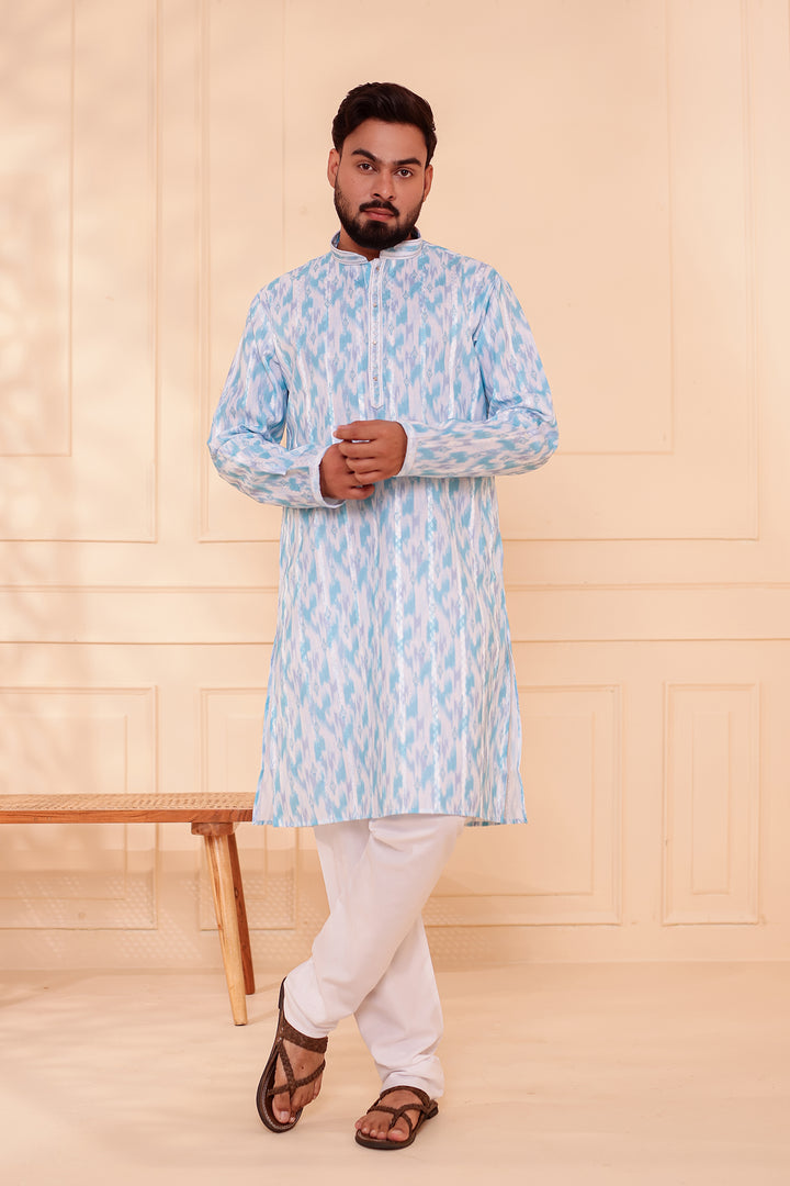 Light Blue Soft Silk Ikat Print Kurta Suit.