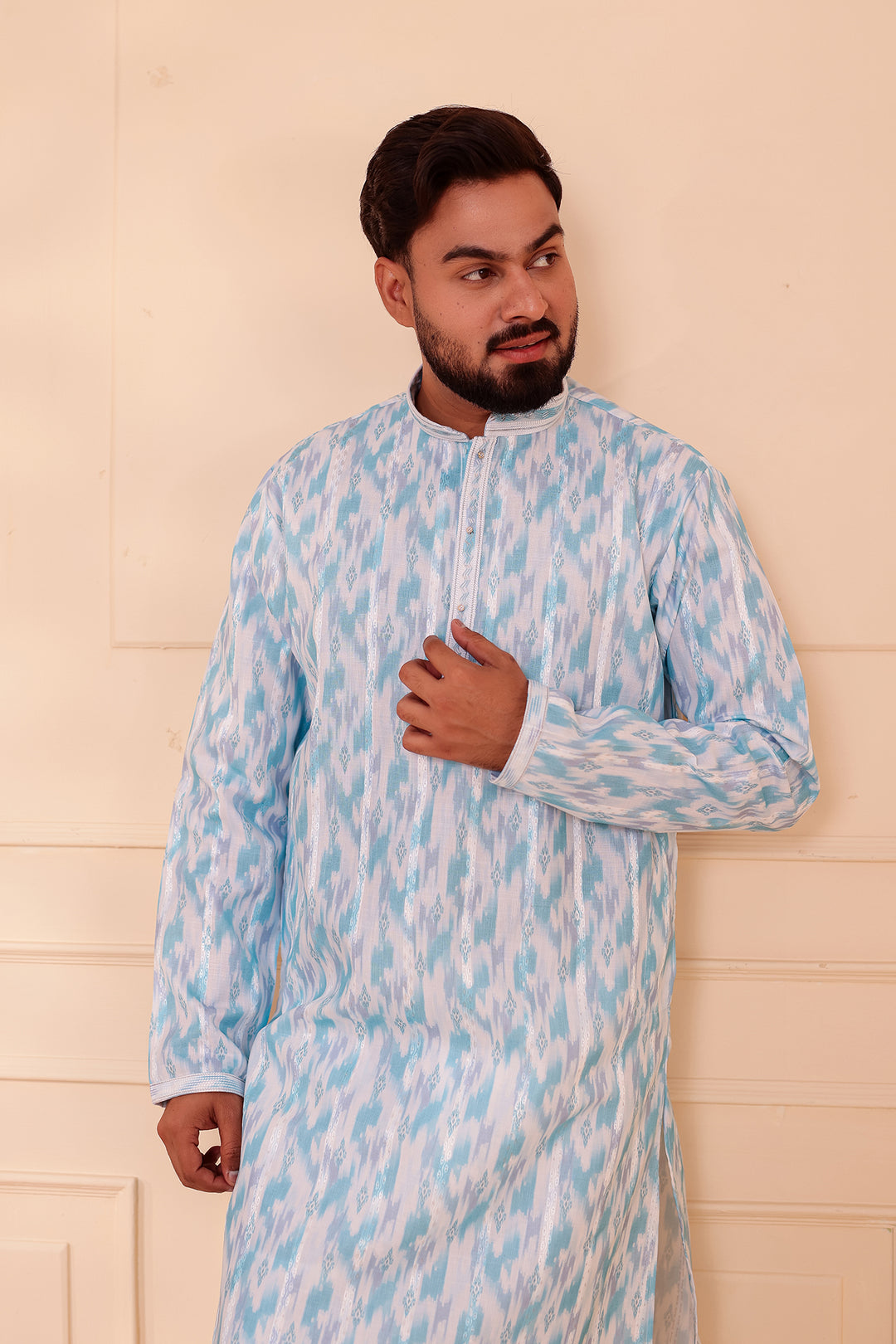 Light Blue Soft Silk Ikat Print Kurta Suit.