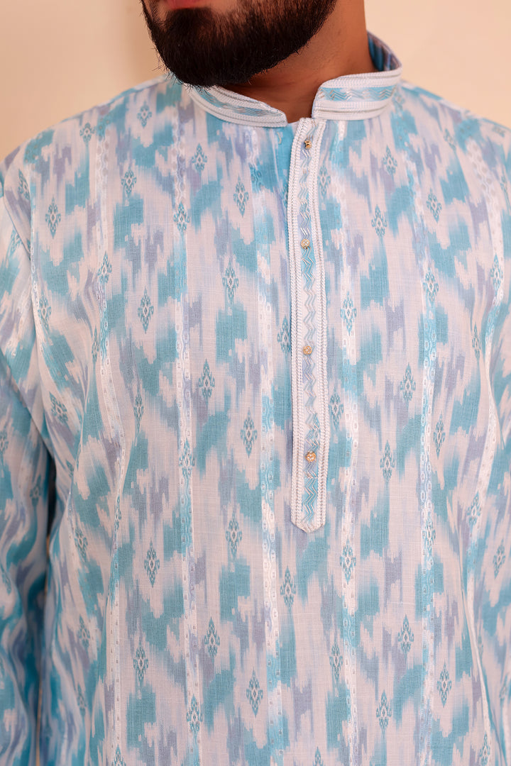 Light Blue Soft Silk Ikat Print Kurta Suit.